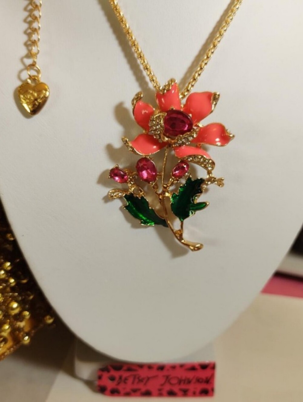 Betsey Johnson Gold-Tone Pink Flower Pendant Necklace with Green Leaves
